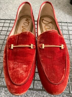 Sam Edelman Red/Orange Velvet Women’s Slip-On Loafers with Gold Accent